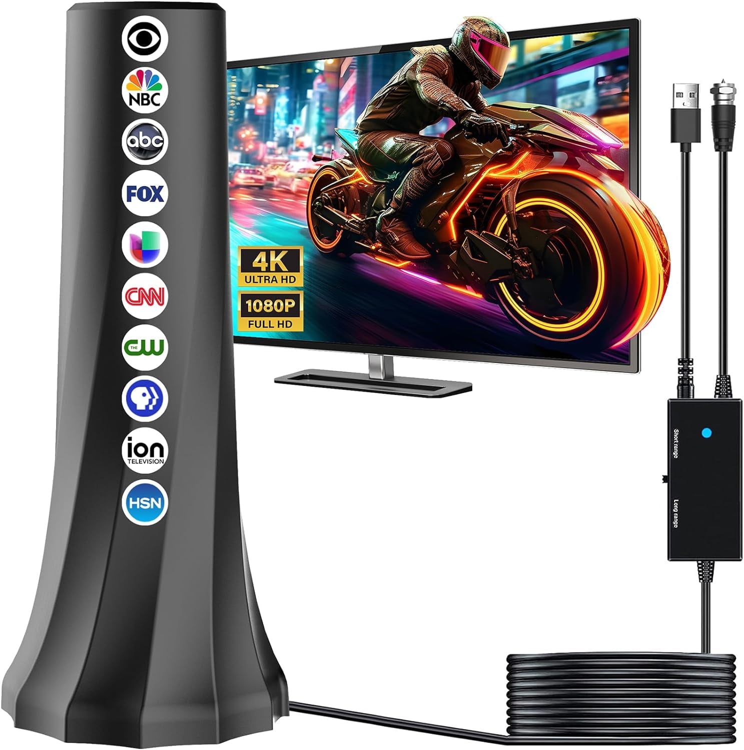 2025 TV Antenna for Smart TV and Old TV, 1900+ Miles Range HD Digital TV Antenna Indoor with 360 ° Signal Strongest Booster, Supports Local Channels 1080P 4K Reception 16.41FT Long Cable