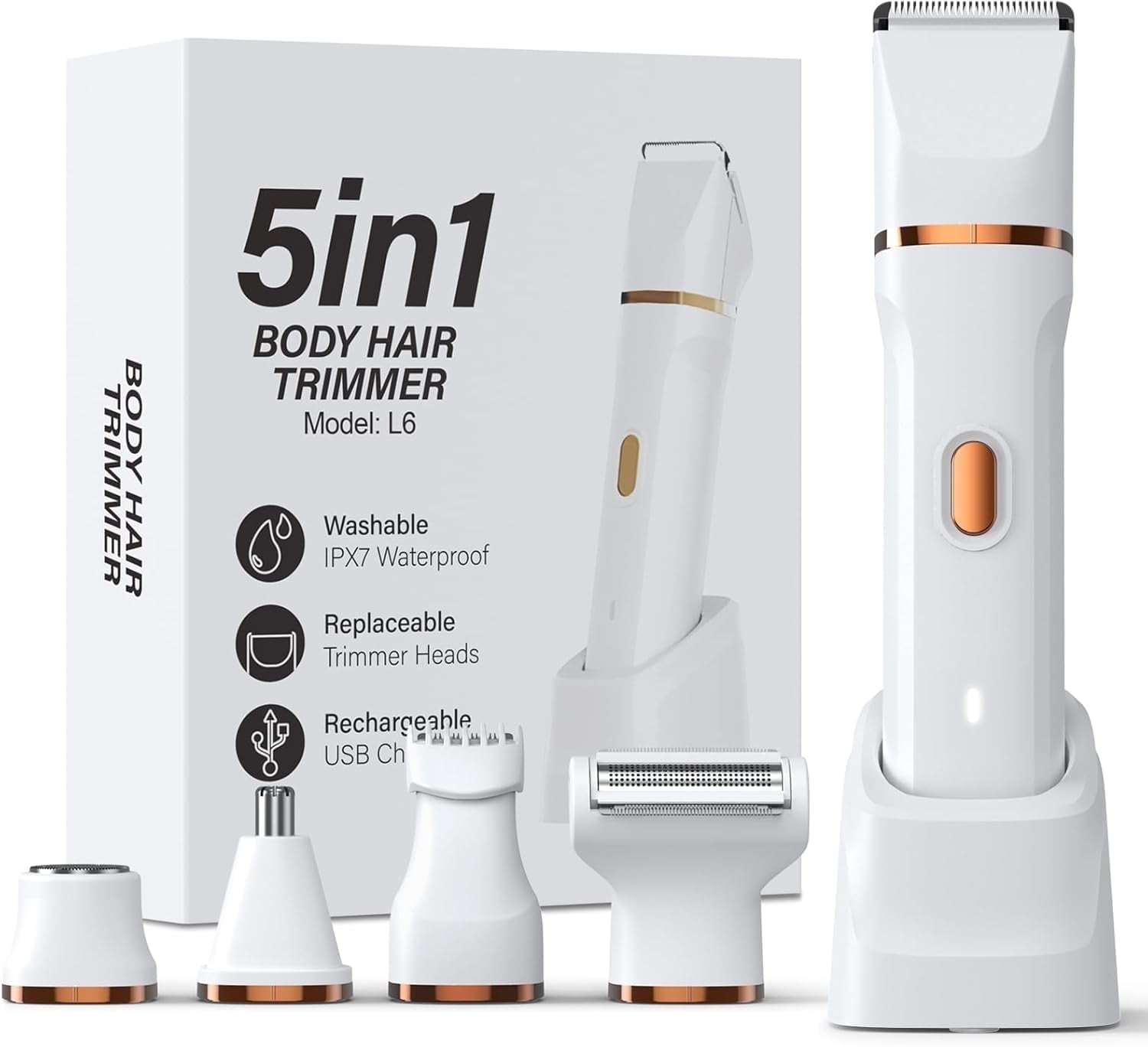 5-in-1 Bikini Trimmer for Women, IPX7 Waterproof Electric Razors Shaver, Cordless Body Hair Trimmer, Facial & Pubic Hair Removal, Ceramic Blade
