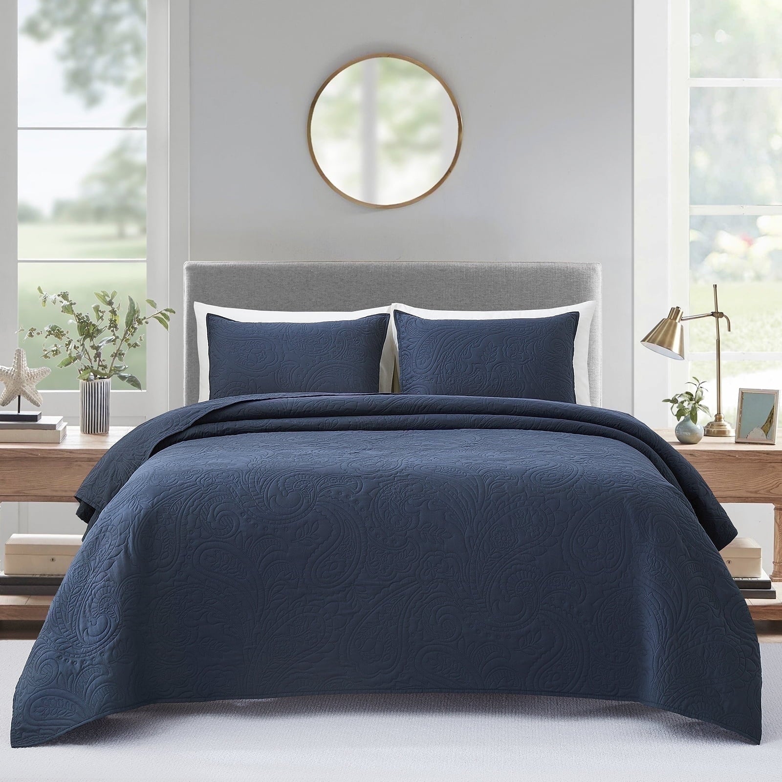 Bourina Modern Floral 3-Piece Quilt Set– Queen,Navy,Lightweight & Comfortable,Perfect for All Seasons
