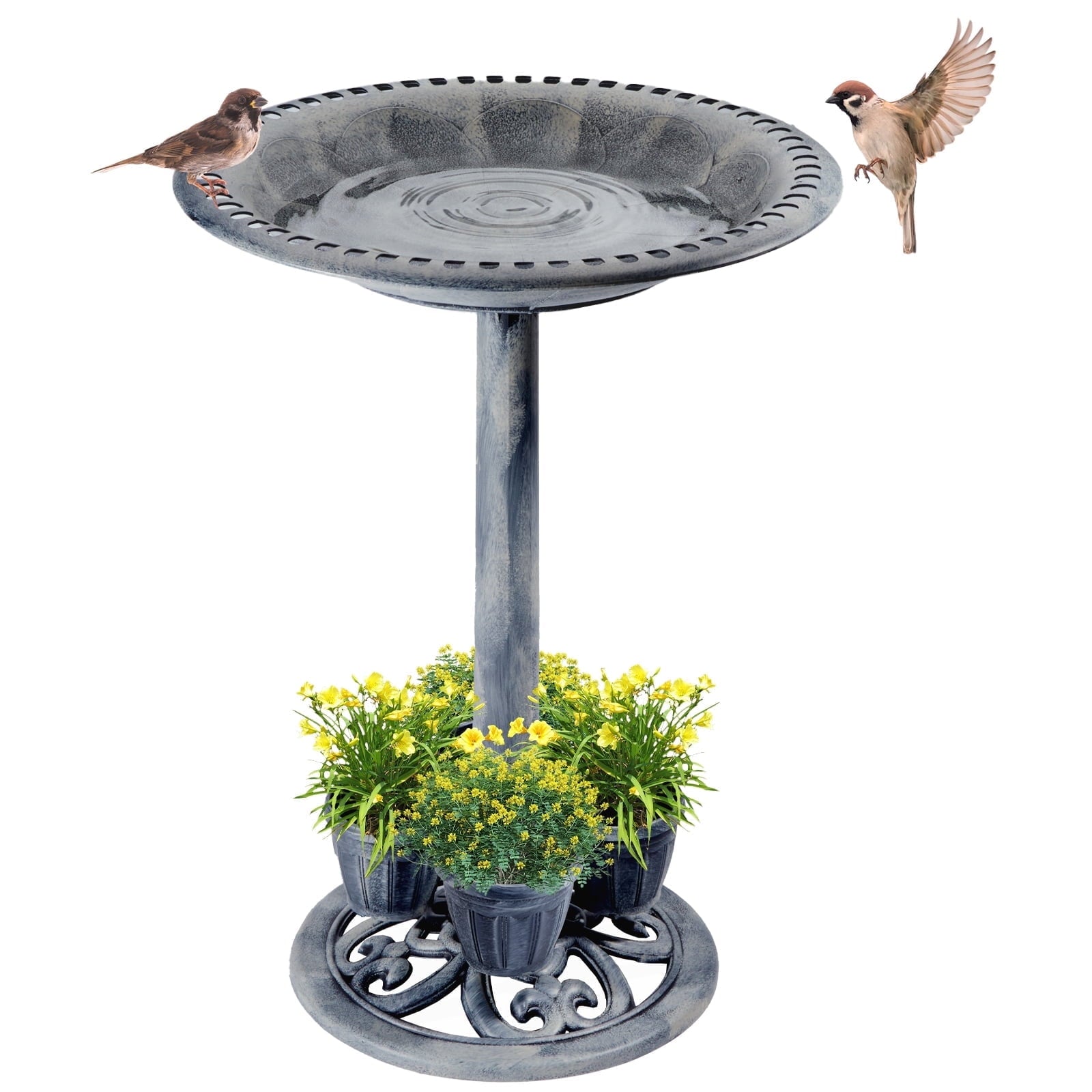 OBENSKY Bird Bath With 4 Planters 28" Height Pedestal Antique Outdoor Garden Decor Vintage Yard Art (Gray)