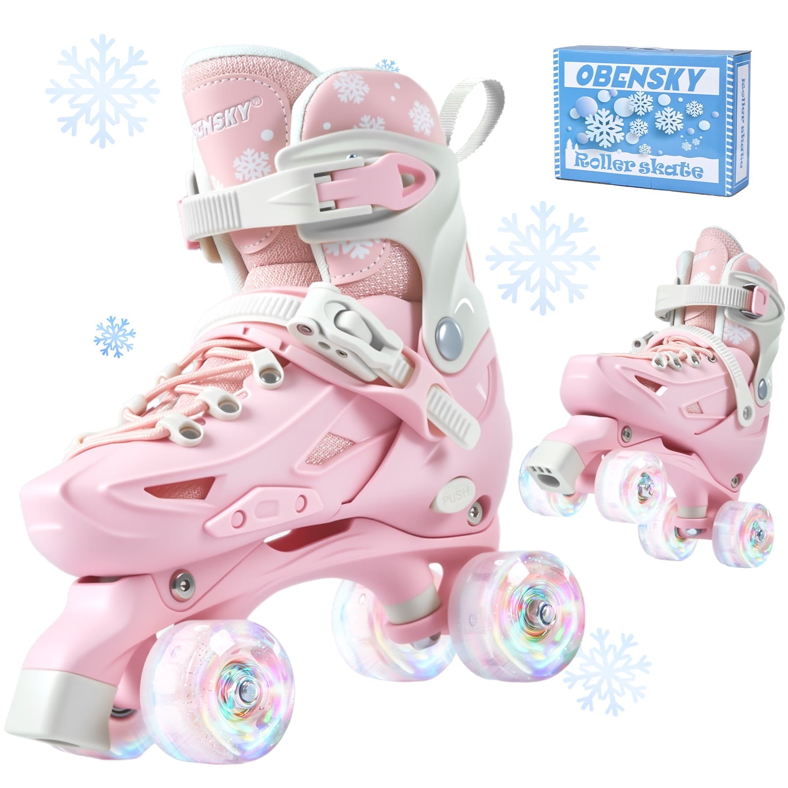 OBENSKY Roller Skates 4 Size Adjustable w/ Light up Wheels,Birthday Gift for Girls&Boys Beginners-Blue/Pink,Patines Para Niñas